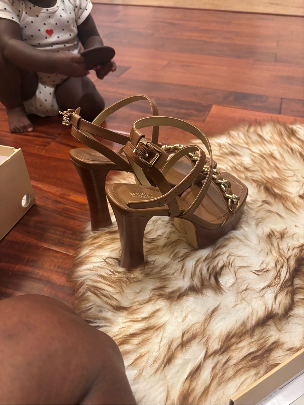 Michael Kors Brown Tan Platform High Heel Sandals with Gold Chain